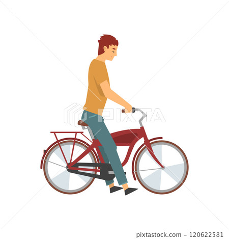 Young Happy Man Riding Bike, Male Cyclist Character on Bicycle Vector Illustration 120622581