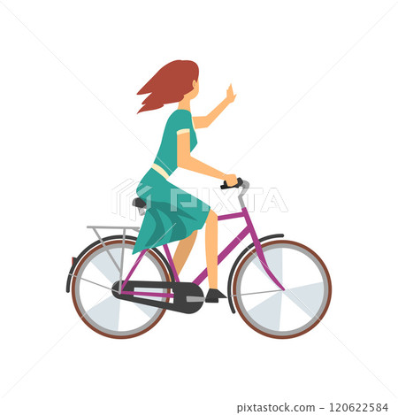 Young Woman in Green Dress Riding Bike and Waving Her Hand, Female Cyclist Character on Bicycle Vector Illustration 120622584