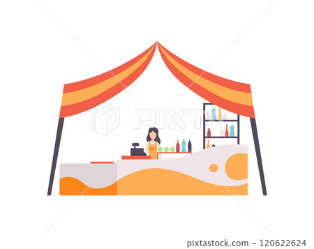 Market Food Counter with Seller, Street Trading Retail Stand Vector Illustration Market Food Counter with Seller, Street Trading Retail Stand Vector Illustration 120622624