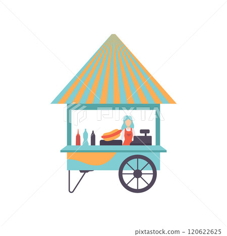 Hot Dog Cart with Seller, Street Food Cart, Mobile Shop Vector Illustration 120622625