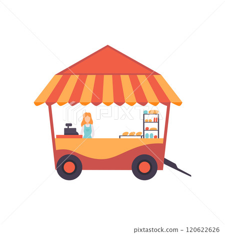 Cart with Burgers and Female Seller, Street Fast Food Transport, Mobile Shop Vector Illustration 120622626