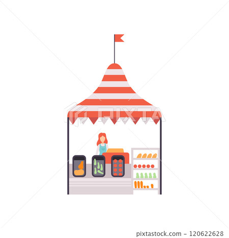 Market Food Counter with Seller, Stall with Vegan Healthy Food Vector Illustration 120622628