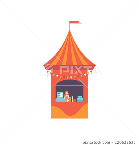 Street Vendor Booth with Fast Food and Seller, Market Food Counter, Retail Selling Kiosk Vector Illustration Street Vendor Booth with Fast Food and Seller, Market Food Counter, Retail Selling Kiosk Vector Illustration 120622635