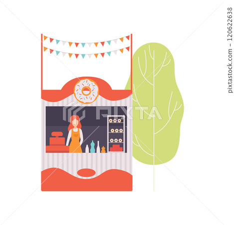 Street Vendor Booth with Donuts and Female Seller, Market Food Counter, Street Market Stall Vector Illustration 120622638