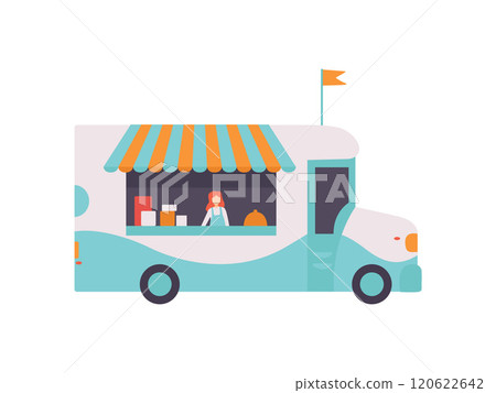 Van Shop with Fast Food, Drinks and Seller, Street Food Transport for Street Market Vector Illustration Van Shop with Fast Food, Drinks and Seller, Street Food Transport for Street Market Vector Illustration 120622642