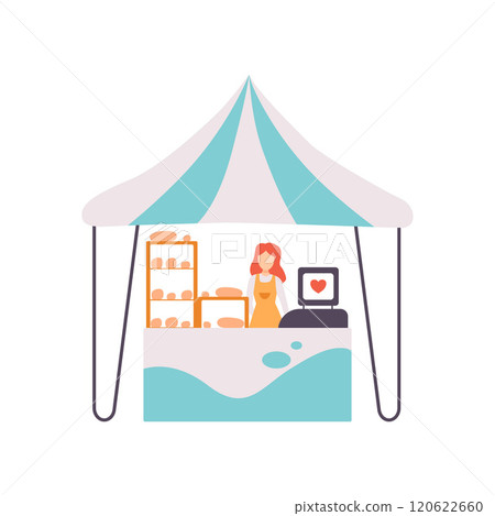 Market Food Counter with Seller, Street Trading Stall Vector Illustration 120622660