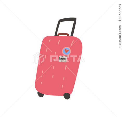 Red Suitcase with Wheels, Summer Travel Sign Symbol Vector Illustration 120622725