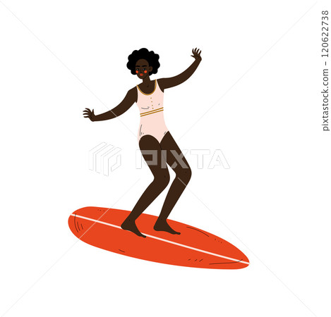 Girl Surfer in Swimsuit Riding Surfboard Catching Waves, Young African American Woman Enjoying Summer Vacation, Recreational Water Sport Vector Illustration 120622738