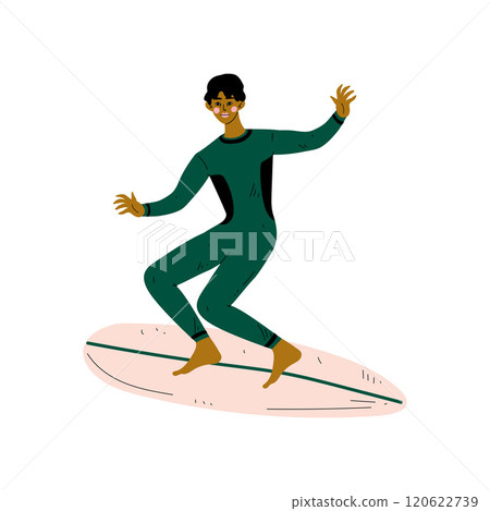 Male Surfer in Wetsuit Riding Surfboard Catching Waves, Young Man Enjoying Summer Vacation, Recreational Water Sport Vector Illustration 120622739