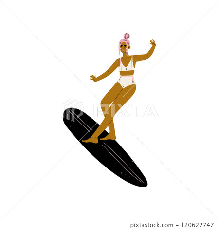 Girl Surfer in White Swimsuit Riding Surfboard Catching Waves, Young Woman Enjoying Summer Vacation, Recreational Water Sport Vector Illustration 120622747