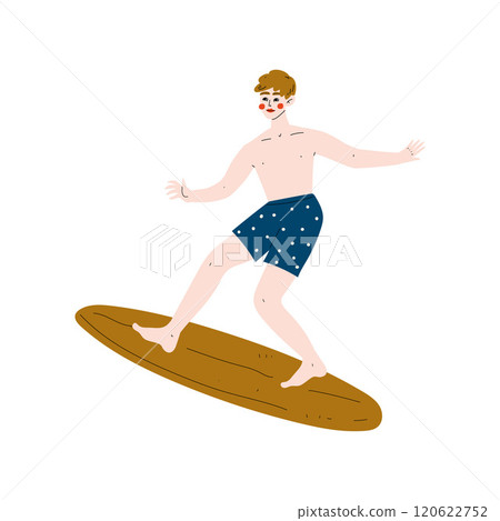 Male Surfer Riding Surfboard Catching Waves, Young Man Enjoying Summer Vacation, Recreational Water Sport Vector Illustration 120622752