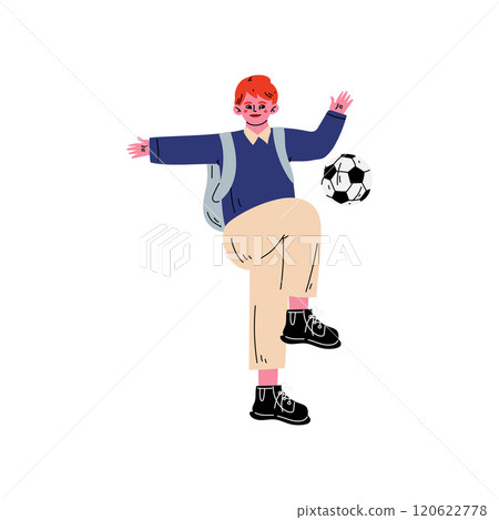 Boy Playing with Ball, Student Going to School with Backpack Vector Illustration Boy Playing with Ball, Student Going to School with Backpack Vector Illustration 120622778
