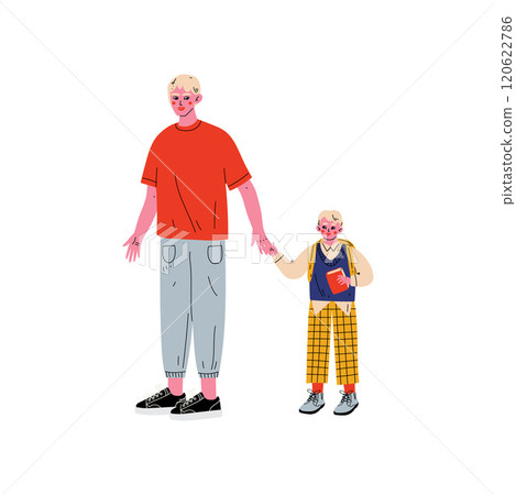 Father Leading His Son Student to School, Cute Boy and His Dad Holding Hands Vector Illustration 120622786