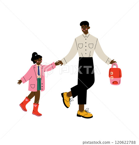 African American Father Leading His Daughter to School, Cute Girl and Her Dad Walking Together Vector Illustration African American Father Leading His Daughter to School, Cute Girl and Her Dad Walking Together Vector Illustration 120622788