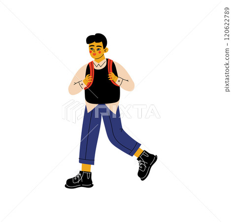 Boy with Backpack Walking to School, Elementary School Student Vector Illustration 120622789