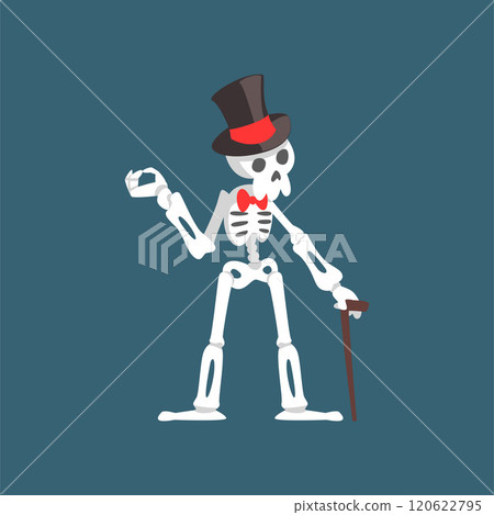 Skeleton Gentleman Weaing Top Hat and Bow Tie Standing with Walking Stick, Funny Dead Man Cartoon Character Vector Illustration 120622795