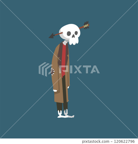 Human Skeleton in Old Shabby Clothes with Arrow in His Head, Zombie Cartoon Character Vector Illustration 120622796