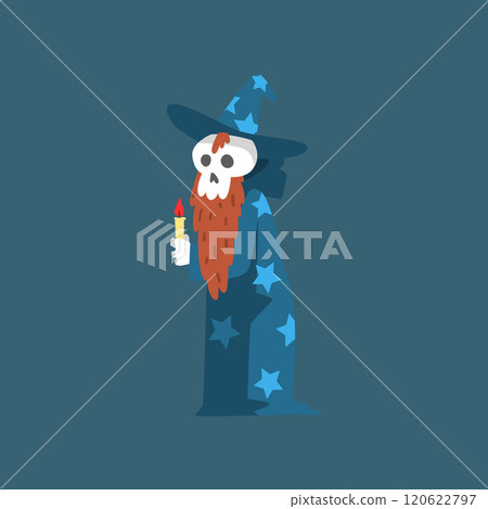 Bearded Skeleton Sorcerer, Funny Dead Man Cartoon Character Wearing Blue Mantle with Stars and Pointed Hat Vector Illustration 120622797
