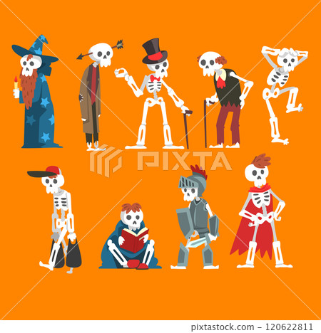 Human Skeletons Set, Funny Dead Man Cartoon Characters in Different Situations Vector Illustration 120622811