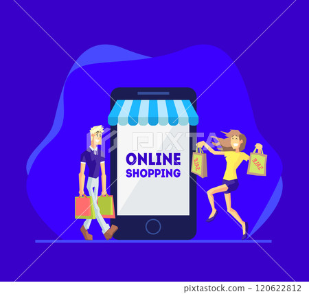 Shopping Online, People Shopping Using Smartphone, Happy Young Man And Woman with Shopping Bags, Internet Shopping and Delivery Vector Illustration 120622812
