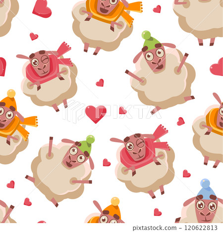 Cute Cartoon Sheep Seamless Pattern, Design Element Can Be Used for Fabric, Wallpaper, Packaging Vector Illustration 120622813