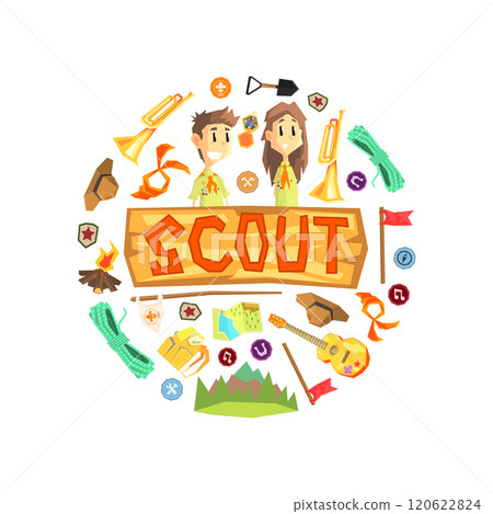 Scout Banner Template with Camping and Hiking Equipment, Scouting Boy and Girl Wearing Scout Uniform, Kids Summer Camp Vector Illustration 120622824