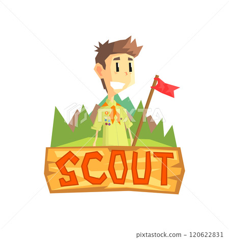 Scout Banner Template, Scouting Boy with Flag, Kids Summer Camp Vector Illustration 120622831