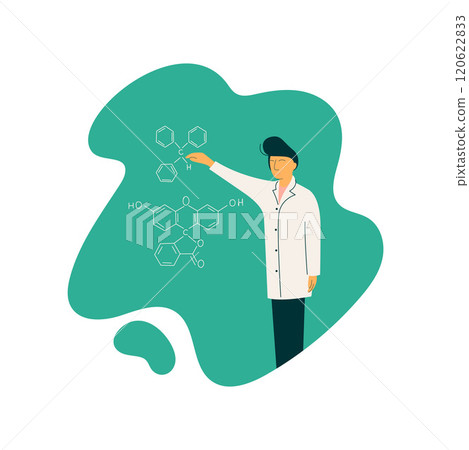 Male Scientist Professor Character Wearing White Coat Standing in Front of Chalkboard with Formulas Giving Lecture, Scientific Research Concept Vector Illustration 120622833