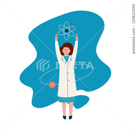 Female Scientist Physicist Character Wearing White Coat Working at Researching Lab with Atoms, Scientific Research Concept Vector Illustration Female Scientist Physicist Character Wearing White Coat Working at Researching Lab with Atoms, Scientific Research Concept Vector Illustration 120622844