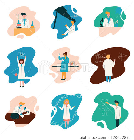 Scientists Characters Wearing White Coats Working at Researching Lab, Biologist Set, Physicist, Astronomer, Gene Engineer, Professor, Chemist, Scientific Research Concept Vector Illustration Scientists Characters Wearing White Coats Working at Researching Lab, Biologist Set, Physicist, Astronomer, Gene Engineer, Professor, Chemist, Scientific Research Concept Vector Illustration 120622853