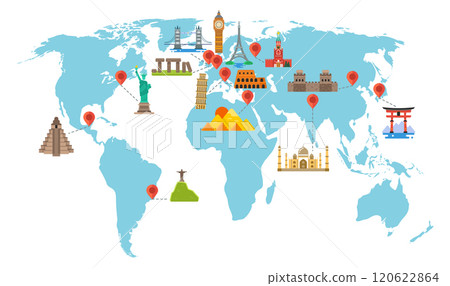 World landmarks tour map. Famous travel places 120622864