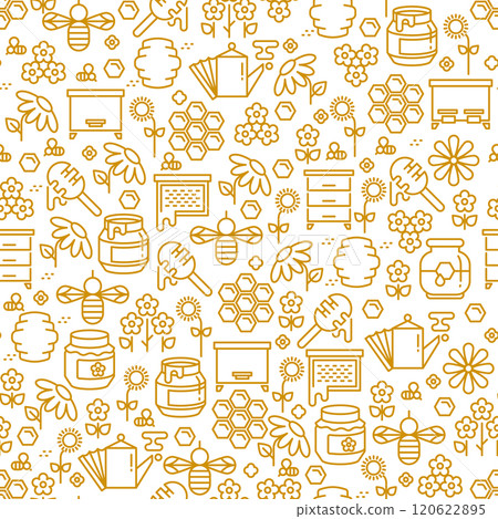 Apiary icon seamless pattern. Honey production line symbols Apiary icon seamless pattern. Honey production line symbols 120622895