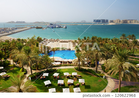 Beach with a view on Jumeirah Palm man-made island, Dubai, UAE Beach with a view on Jumeirah Palm man-made island, Dubai, UAE 120622968
