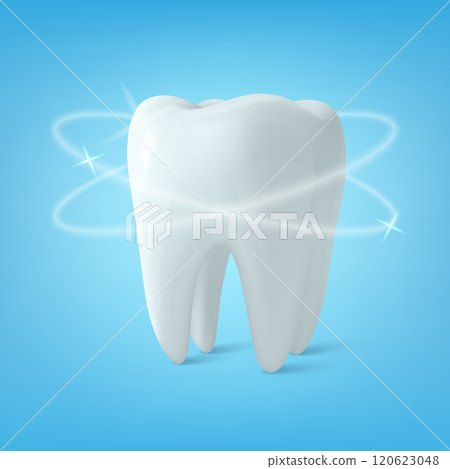 Vector 3D Realistic Tooth Closeup Isolated on Blue Background. Design Template, Clipart, Mockup. Dentistry, Healthcare, Medical, Hygiene Concept 120623048