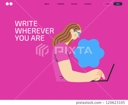 Writing people, modern flat vector concept illustration- sitting woman thoughtfully writing on laptop, bubble near head Metaphor for reflection, personal insight, contemplation, creative expression 120623105