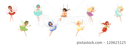 Cute Fairy Girl Flying with Light Wings in Pretty Dress Vector Set Cute Fairy Girl Flying with Light Wings in Pretty Dress Vector Set 120623125
