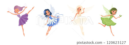 Cute Fairy Girl Flying with Light Wings in Pretty Dress Vector Set Cute Fairy Girl Flying with Light Wings in Pretty Dress Vector Set 120623127