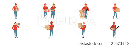 Man Courier Character in Uniform and Cap Delivery Parcel and Box Vector Set Man Courier Character in Uniform and Cap Delivery Parcel and Box Vector Set 120623150