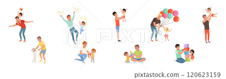 Father and Child Spending Time Together Enjoy Recreation Vector Set 120623159