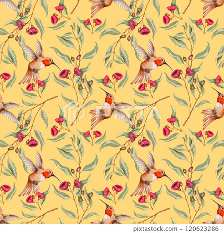 Tropical Hummingbird, eucalyptus with flowers seamless pattern on yellow background. Watercolor illustration for textile, fabric, wallpaper, card, packaging, party. Tropical Hummingbird, eucalyptus with flowers seamless pattern on yellow background. Watercolor illustration for textile, fabric, wallpaper, card, packaging, party. 120623286
