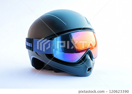 Black ski helmet with goggles reflecting sunset on white background 120623390