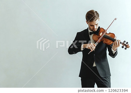 Musician playing violin with elegance and passion on white background Musician playing violin with elegance and passion on white background 120623394
