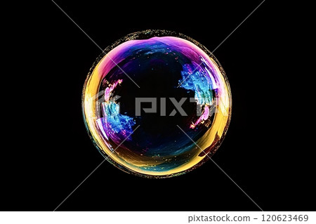 Single soap bubble showing iridescent colors floating on black background 120623469