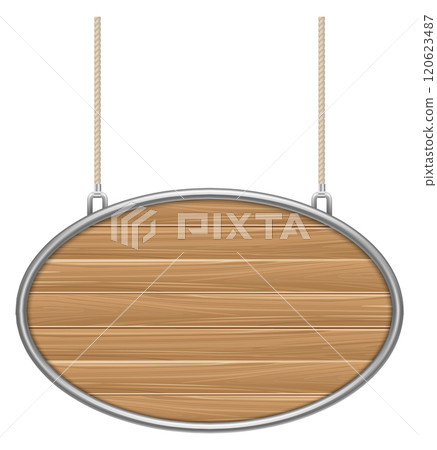 Hanging sign mockup with realistic wooden plank texture 120623487