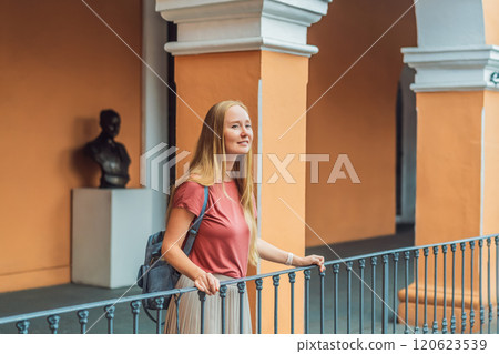 Female tourist in the Biblioteca Palafoxiana, Palafoxiana Library, Puebla, Mexico. Cultural exploration, history, and travel experience concept 120623539
