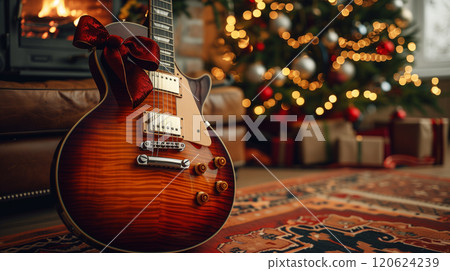 Brand New Electric Guitar Christmas Gift with a Red Bow Under The Tree. Generative AI. 120624239