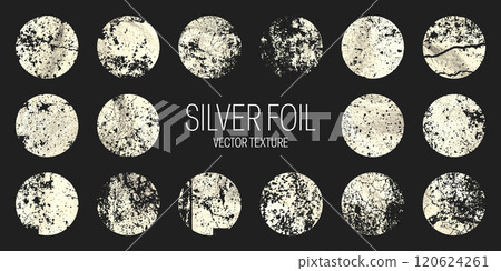 Grunge silver foil, shiny handmade circles. Golden glittering texture, pattern. Luxury shining hand drawn background. Wedding, greeting card decoration elements. Modern art. Vector illustration Grunge silver foil, shiny handmade circles. Golden glittering texture, pattern. Luxury shining hand drawn background. Wedding, greeting card decoration elements. Modern art. Vector illustration 120624261