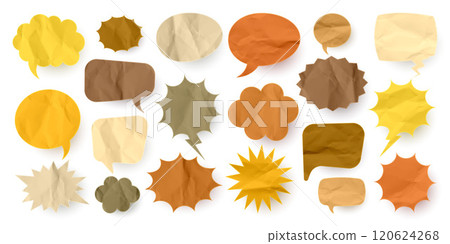 Crumpled brown paper comic speech bubbles. Hand drawn retro cartoon stickers. Pop art style. Old, vintage dialog boxes with cardboard texture. Vector illustration Crumpled brown paper comic speech bubbles. Hand drawn retro cartoon stickers. Pop art style. Old, vintage dialog boxes with cardboard texture. Vector illustration 120624268