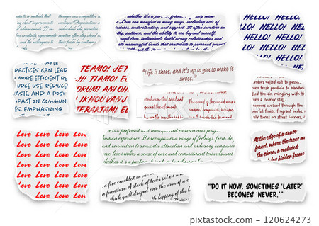 Ripped paper strips with handwritten text. Realistic crumpled paper scraps with torn edges. Shreds of notebook, book or old newspaper pages. Trendy collage elements. Vector illustration 120624273