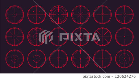 Various sniper rifle sights with degree scale, weapon optical scope crosshair. Hunting gun viewfinder. Shooting mark symbol, aim. Military target sign. Game interface UI element. Vector illustration Various sniper rifle sights with degree scale, weapon optical scope crosshair. Hunting gun viewfinder. Shooting mark symbol, aim. Military target sign. Game interface UI element. Vector illustration 120624276
